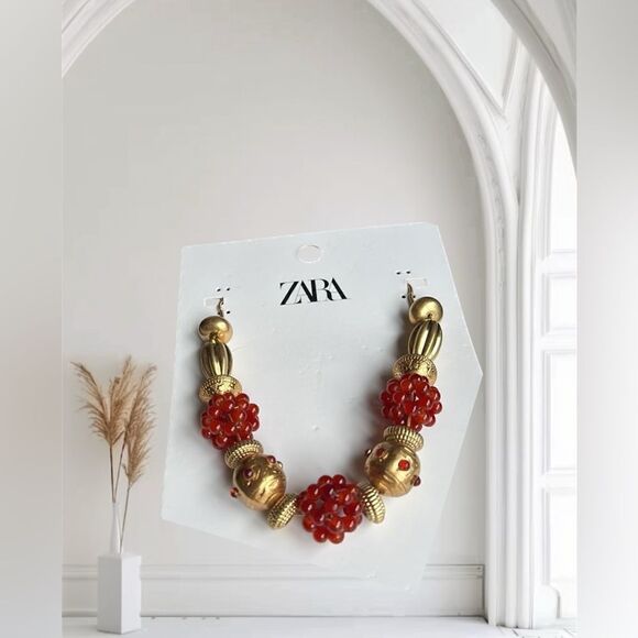 Zara Combination Bead and Stone Necklace Red and Gold - Picture 11 of 11